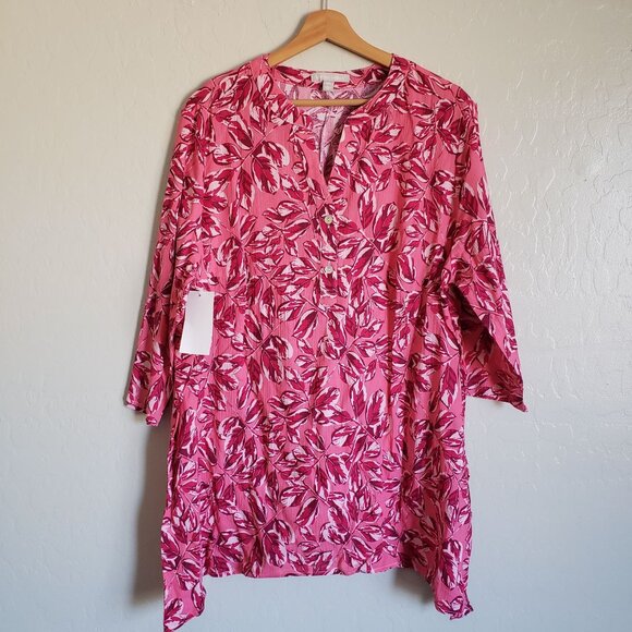 Woman Within Gauzy Cotton Floral Split V-Neck Tunic Pink Size 18/20 Spring NWOT - Picture 1 of 11